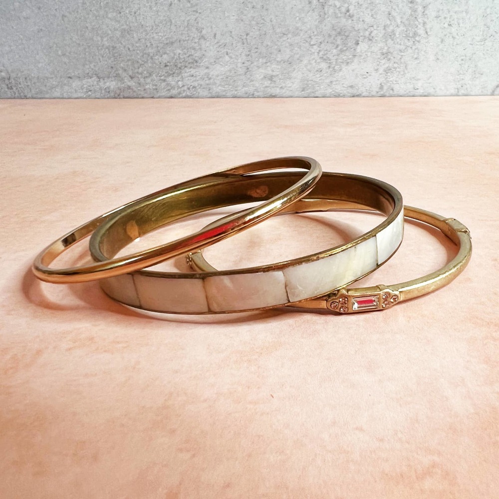 Set of 3 stack of bangle bracelets gold brass mother of pearl rhinestone diamond